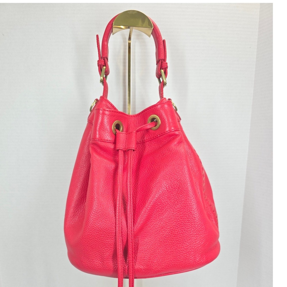 Boden Red Pebbled Leather Drawstring Bucket Shoulder Bag Floral Lining